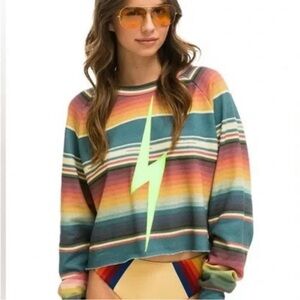Aviator Nation Striped Cropped Sweatshirt Lightening Bolt